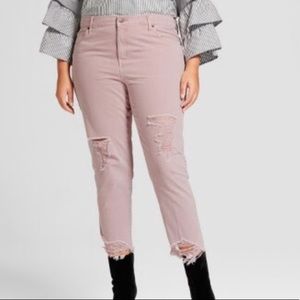 Pink Distressed Boyfriend Crop Jeans